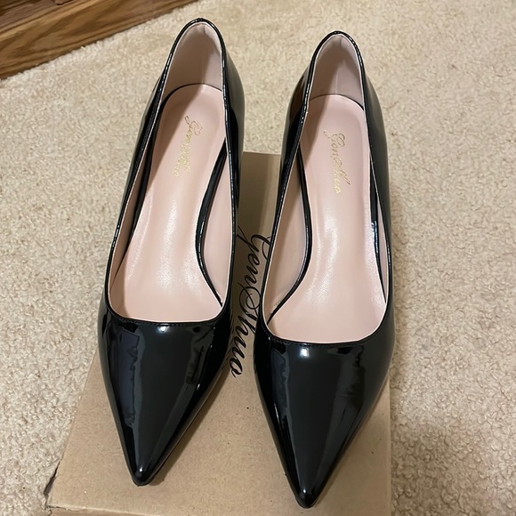 Black Faux Vegan Leather Low Heel Pointed Stilettos - Picture 5 of 12